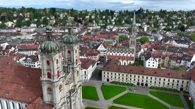 St. Gallen Cityscape Skyline, Abbey Cathedral of Saint Gall in Switzerland in a day. Beautiful Aerial View with drone. 