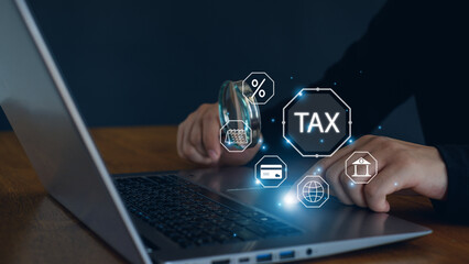 Calculation tax return. tax return form online for tax payment concept. Government, state taxes. Data analysis, paperwork, financial research, report, E-tax.