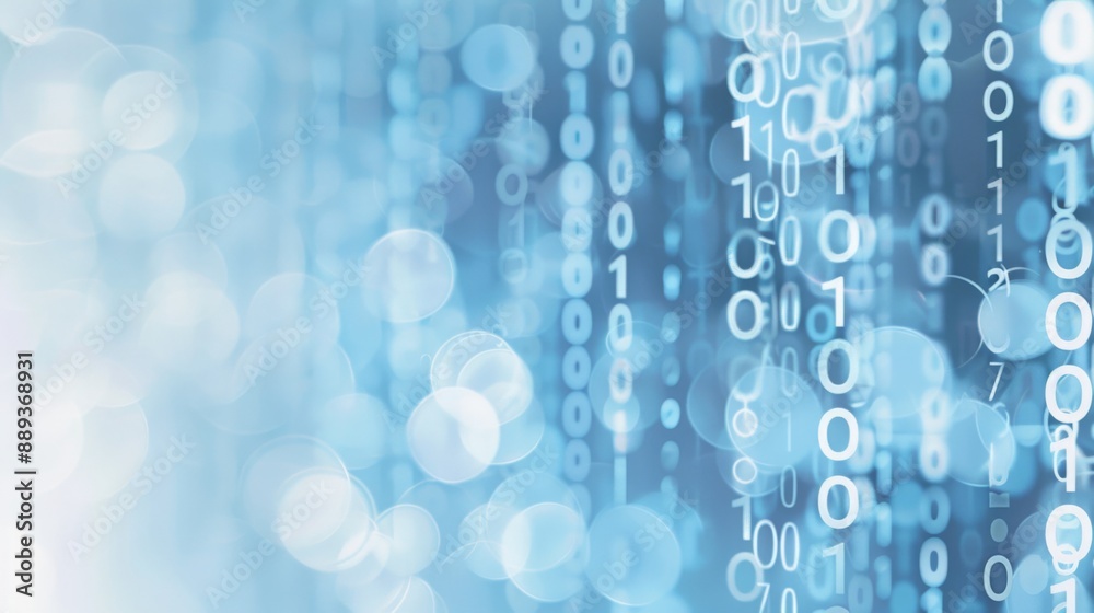Aufkleber Abstract digital background with white binary code numbers on a light blue background with bokeh effect.