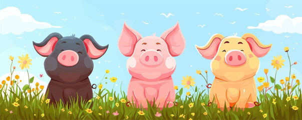 Naklejka premium Three pigs are sitting in a field of flowers. The sky is blue and there are birds flying in the background