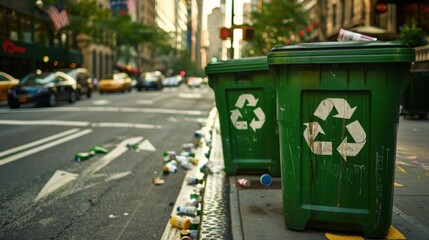 Naklejka premium Green Bins Struggle Amidst Urban Litter