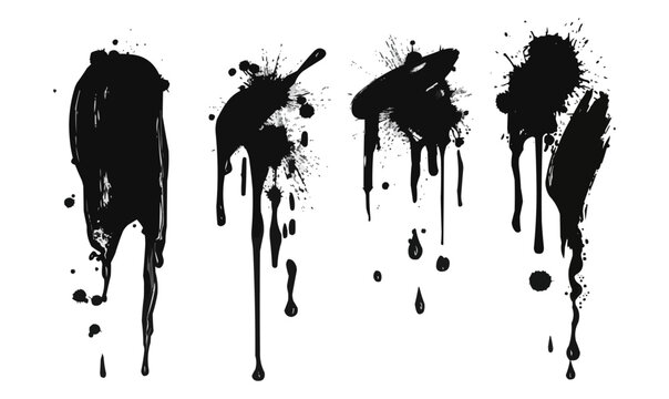 Black dripping ink. Isolated spots of paint, floating oil blots vector set. Blob paint, ink splatter black, stain and drip illustration.vector isolated white background