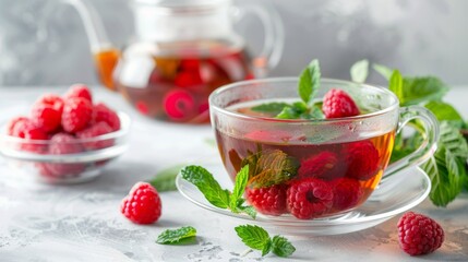 A delightful raspberry mint tea presented in a clear cup with mint leaves and raspberries. A glass bowl of raspberries and a tea