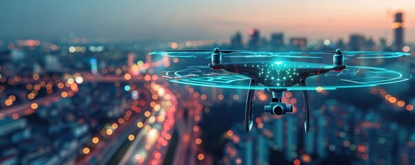 Obraz premium Futuristic drone videography, holographic control interface, sleek cityscape