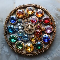 Fototapeta premium Colorful gemstone gear arrangement on a marble background, combining luxury and mechanical elements in intricate design.