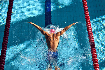 Swimmer, seen from above, powers through water with butterfly stroke, his muscular back glistening...