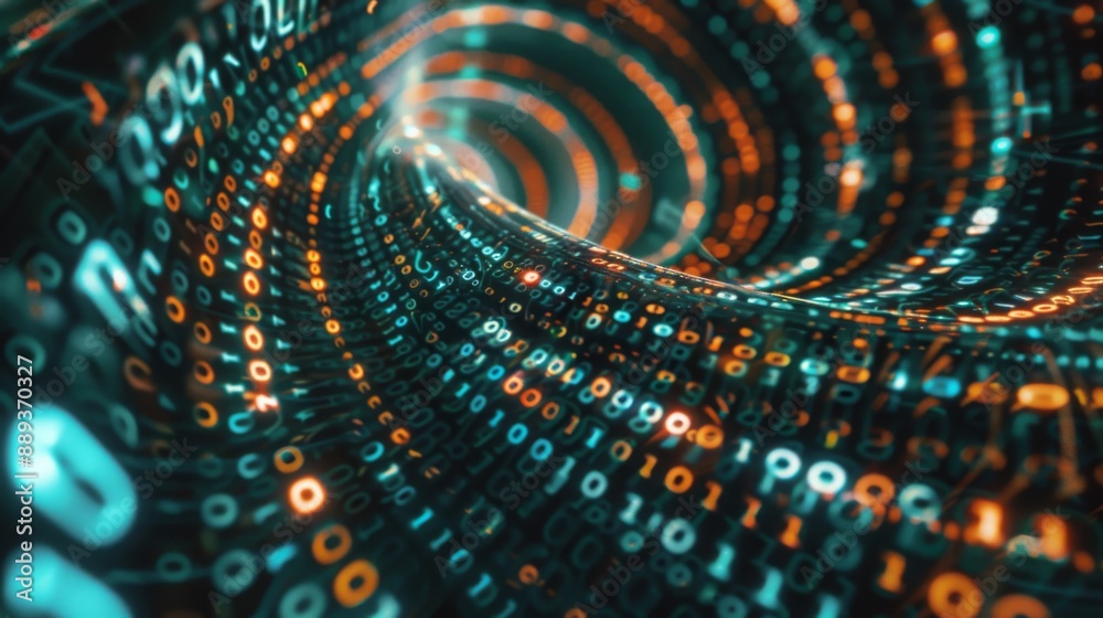 Poster Binary code forms a swirling tunnel of data in vibrant colors.