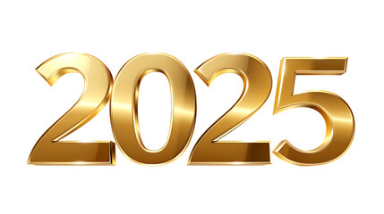 Modern Gold "2025" with Sleek, Polished Finish and Clean Lines on Isolated Transparent Background