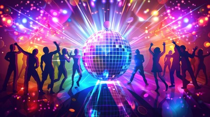 Retro disco ball background with a sparkling, mirrored disco ball at the center, casting colorful light reflections across a dark, crowded dance floor, with vibrant neon lights and silhouettes of