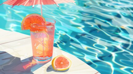 A drink with a grapefruit slice and an umbrella on a table near a swimming pool