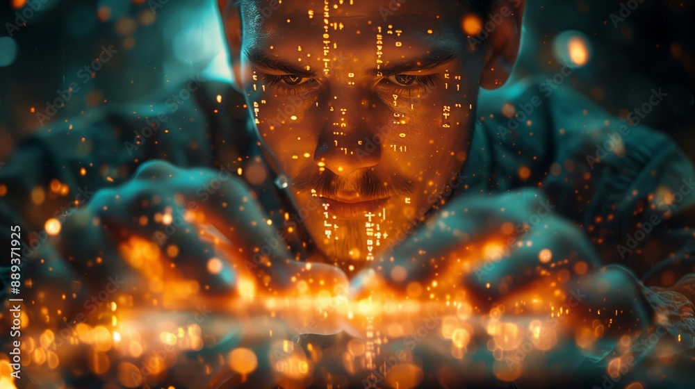 Poster a man with code displayed on his face focuses intently on a digital interface, glowing with orange l