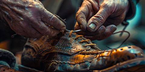 Close-up of a cobbler’s hands repairing a shoe, extending its life with expert craftsmanship