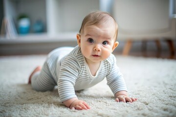 Adorable baby wearing white bodysuit, crawling on knees on floor at home. Curious active little infant child learning to move on warm heating safe floor, passing by window in background