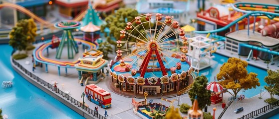 Fototapeta premium Detailed Miniature Amusement Park Model Featuring Various Attractions, Ideal for Tourist Guide Illustrations and Brochures, 4K High-Resolution Wallpaper with AI-Generated Background