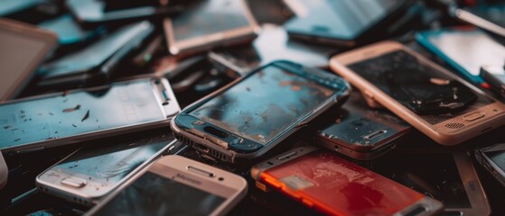 A pile of many mobile phones on a table. The background features various types and models of smartphones
