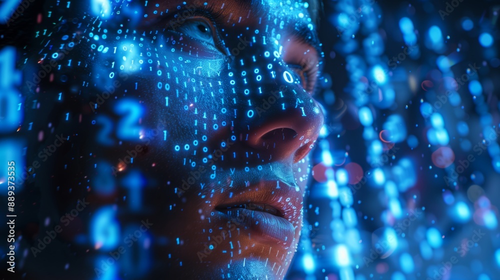 Poster a person's face is partially obscured by blue binary code, creating an abstract and futuristic effec