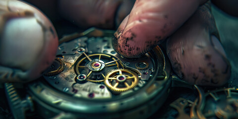 Close-up of a hand repairing a broken watch adjusting wheels and cogs.