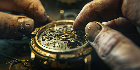 Close-up of a hand repairing a broken watch adjusting wheels and cogs.