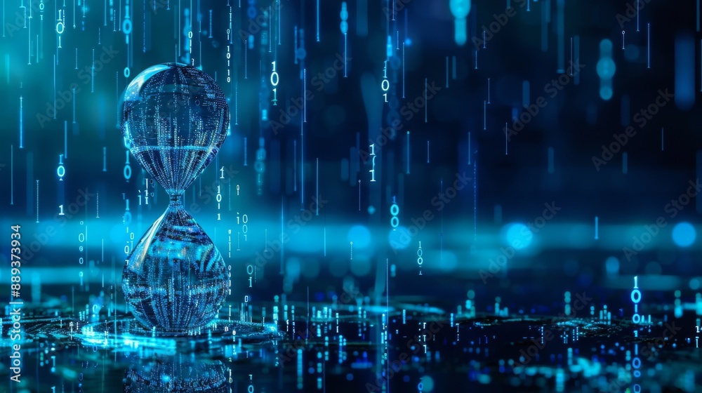 Poster A glowing digital hourglass sits on a circuit board, surrounded by a blue digital space filled with binary code and blue lights.