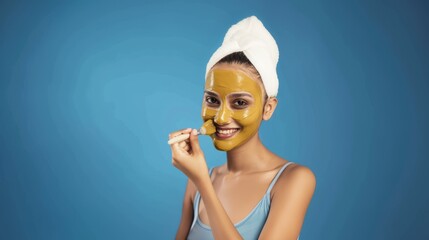 Indian woman looking at camera applying golden clay on the face on a blue background, skincare routine, beauty treatment, facial rejuvenation