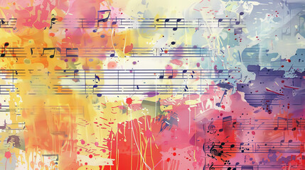 Fototapeta premium An abstract, colorful background with splashes of paint and faint sheet music notes, giving a sense of artistic creativity and musicality.