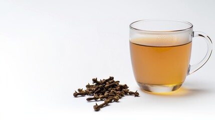 Glass of tea with clove herbs beside it on white background, aromatic spice infusion, herbal tea refreshment