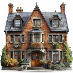 Fototapeta premium Vintage D Rendering of a Red Brick Victorian House with Wooden Shingles and Windows