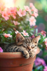 Sleeping kitten nestled in a flower pot surrounded by pink flowers, creating a peaceful and charming scene.