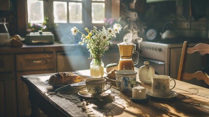 A rustic kitchen table is set for breakfast, with steaming coffee mugs, fresh bread, and a vase of flowers