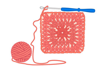 Knitwear, ball of yarn and crochet hook. Crochet handmade Granny square, pink yarn coil, hook. Hobby, needlework, homework. Tools for knitwork, andicraft, crocheting, hand-knitting.Vector illustration
