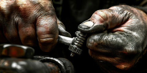 Close-up of a hand tightening a bolt with a wrench, showcasing mechanical expertise