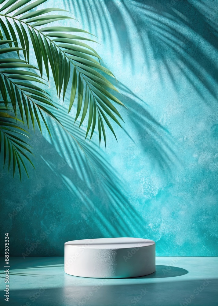 Wall mural Minimalist white pedestal with tropical leaves in the background.