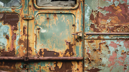 Naklejka premium Grunge background of an old, rusted vehicle door, with peeling paint, scratches, and a mix of faded colors.