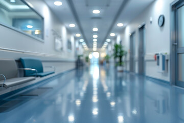 Bright Pediatric Hospital Hallway: A Low Angle View of a Clean, Shiny Floor with Blue Walls and Soft Lighting, Reflecting a Modern, Child-Friendly Medical Environment, Healthcare, copyspace
