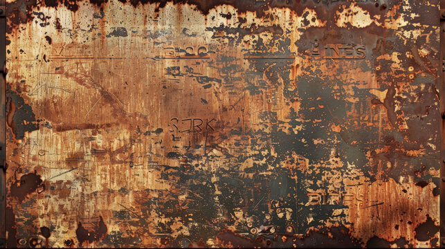 Grunge background of an old, rusted metal sign with peeling paint, scratches, and faded lettering.