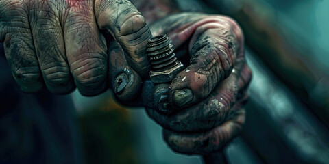 Close-up of a hand tightening a bolt with a wrench, showcasing mechanical expertise