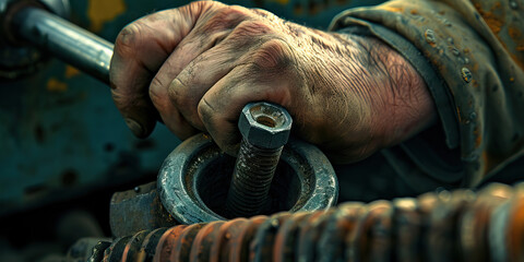Close-up of a hand tightening a bolt with a wrench, showcasing mechanical expertise