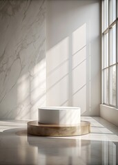 Minimalist pedestal in a sunlit marble room.