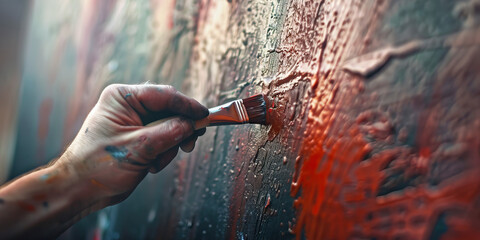 Close-up of a hand using a paintbrush to apply a fresh coat of paint to a wall