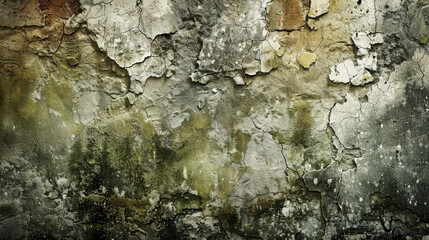Fototapeta premium Grunge background showcasing a distressed, weathered stone wall with cracks, moss, and faded colors.