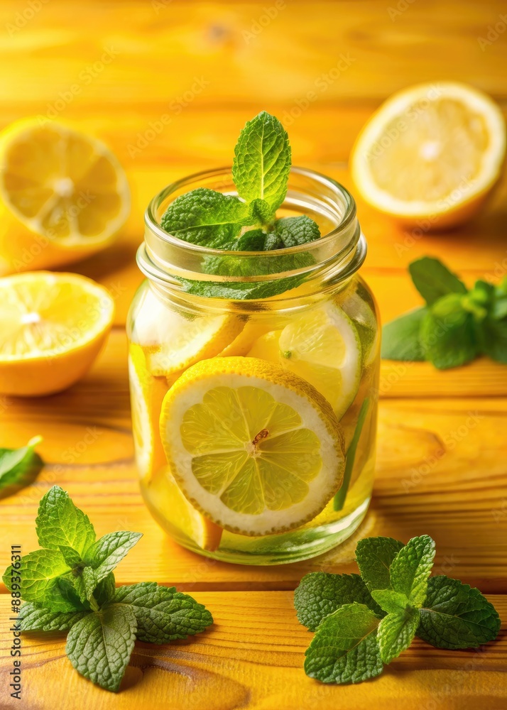 Sticker Refreshing lemonade with mint in a glass jar.