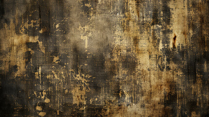 Obraz premium Grunge background showcasing a grungy, worn-out fabric texture with frayed edges, stains, and faded patterns.