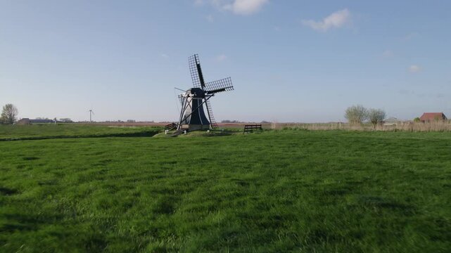 Aerial view of colourful tulip fields and windmill in meadow, Workum, Netherlands.