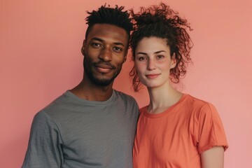 Fototapeta premium Portrait of a tender multicultural couple in their 30s sporting a breathable hiking shirt on solid pastel color wall