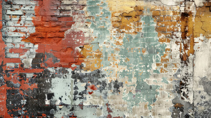Obraz premium Grunge background showcasing an old, weathered brick wall with patches of peeling paint and urban decay.