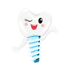 Character of cute funny dental implant for pediatric dentistry. Smiling cartoon tooth with implant prosthesis.