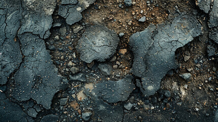 Grunge background with a cracked, weathered asphalt surface, featuring oil stains, skid marks, and urban decay.
