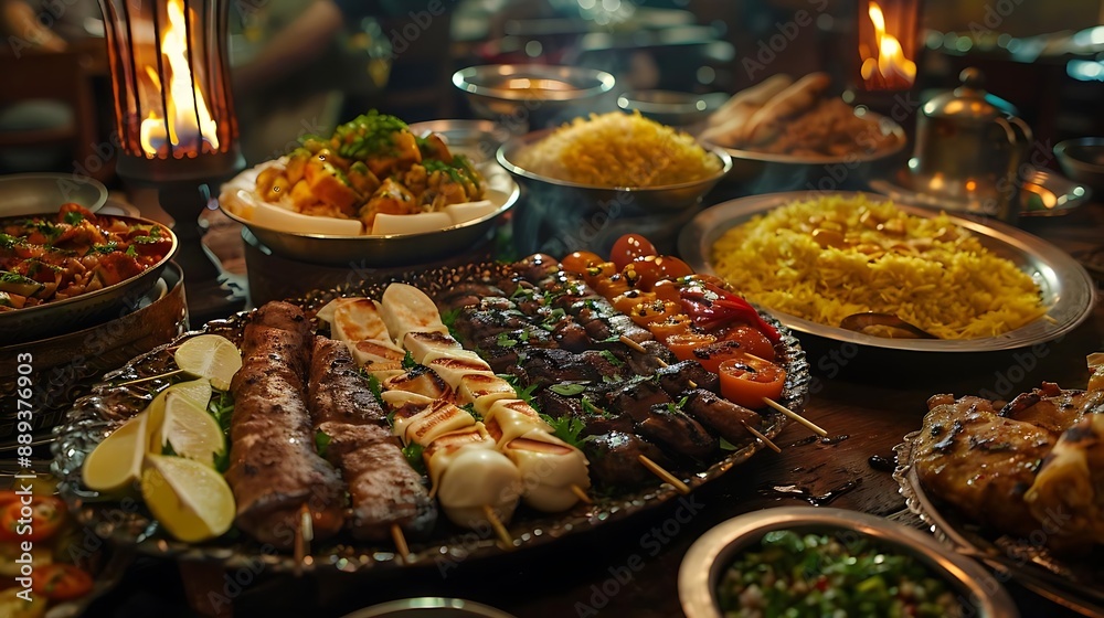 Wall mural delicious middle eastern food on a wooden table - illustration