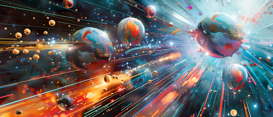 Abstract 3d rendering of wavy surface with colorful particles , Futuristic background with dynamic particles ,Fractal space background with abstract shapes 