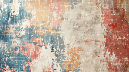 Grunge background with a worn-out, vintage textile pattern featuring faded colors, stains, and frayed edges.